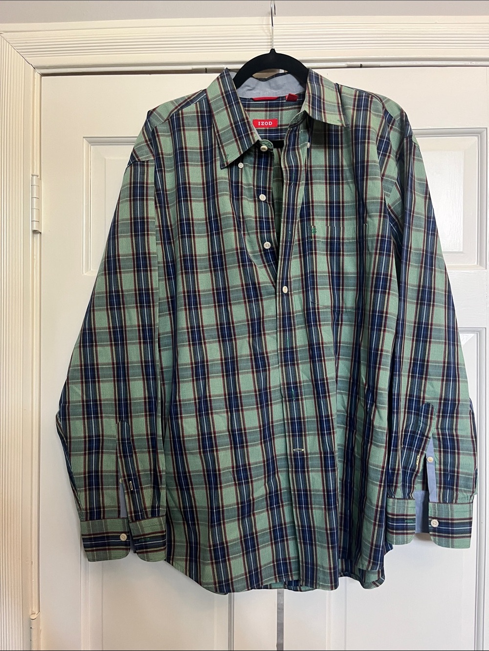Izod Green Plaid Button-Down Shirt with Navy and Red Accents